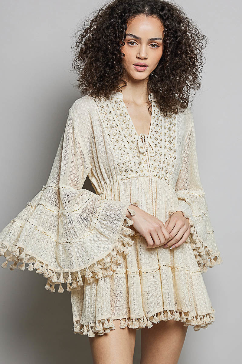 Ophelia Bell Sleeve Tassel Dress in Natural