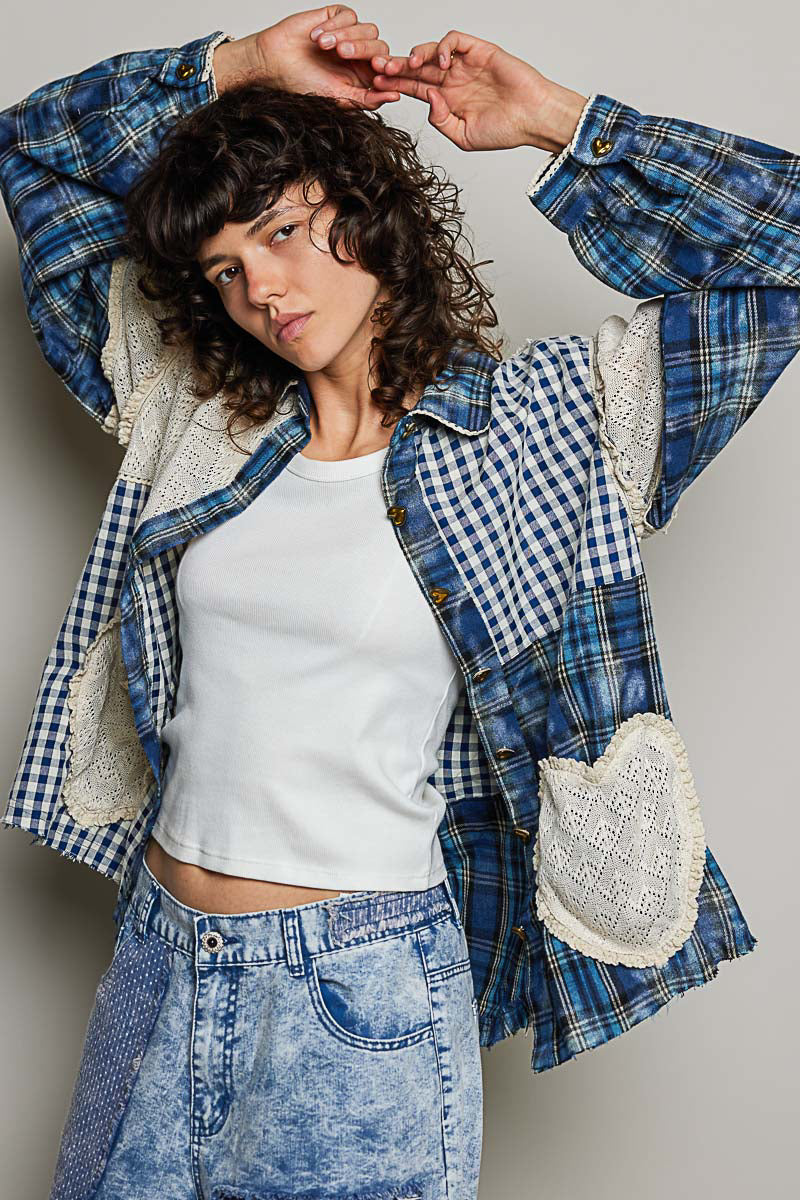 Destiny Denim Blue Plaid Heart Patchwork Button Down Top