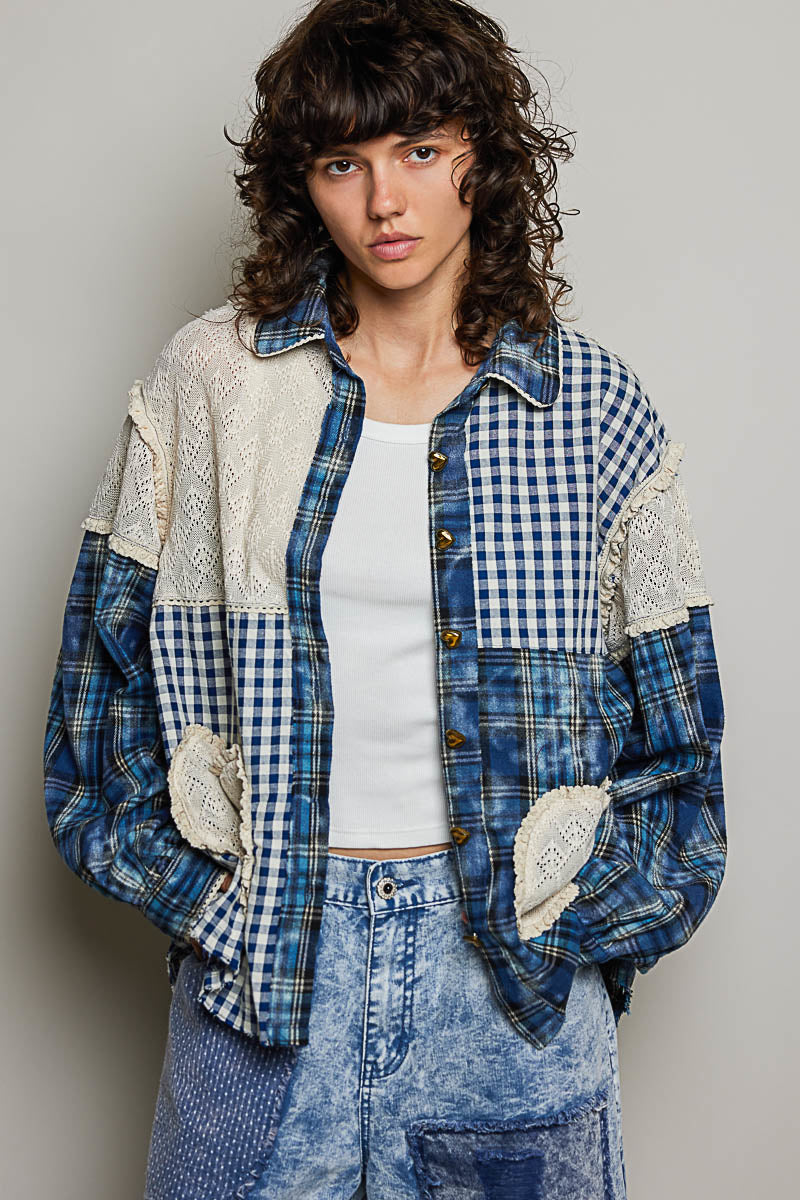 Destiny Denim Blue Plaid Heart Patchwork Button Down Top