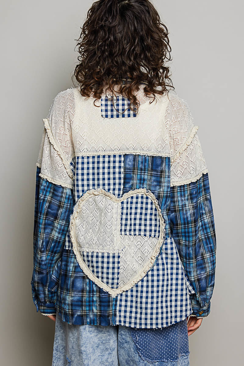 Destiny Denim Blue Plaid Heart Patchwork Button Down Top