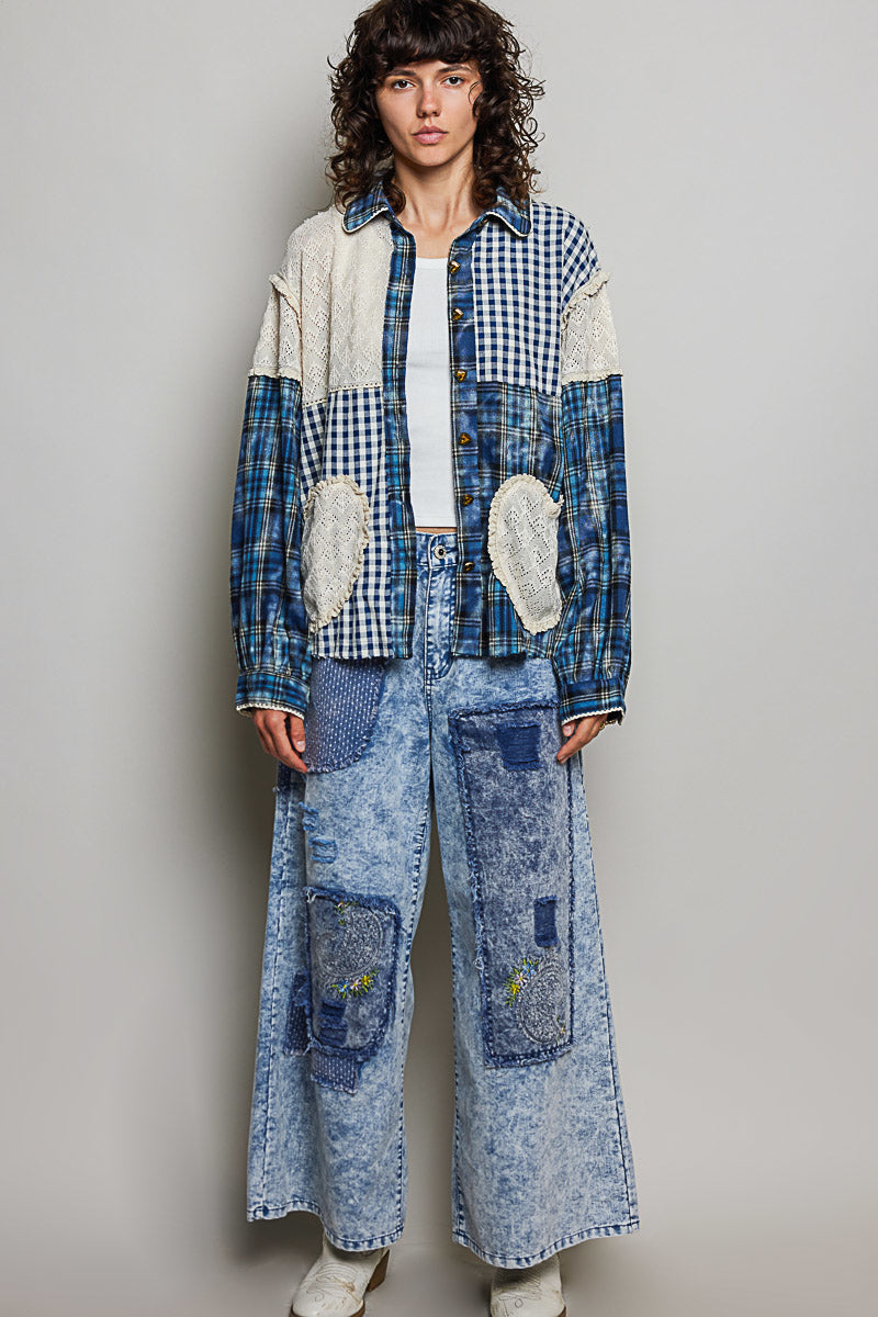 Destiny Denim Blue Plaid Heart Patchwork Button Down Top