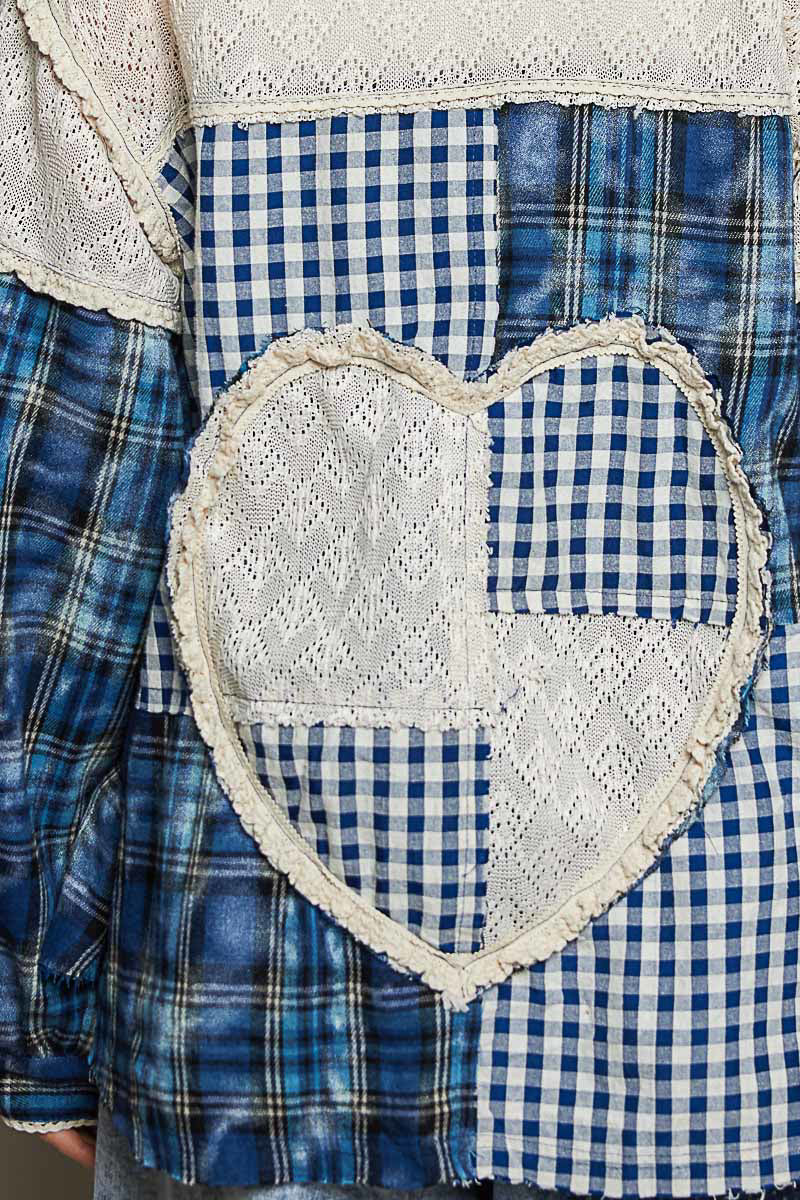 Destiny Denim Blue Plaid Heart Patchwork Button Down Top