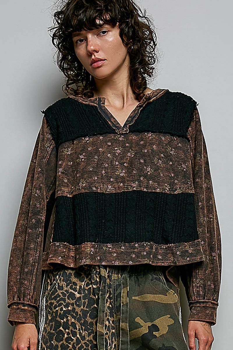 Macey Black Acid wash Terry knit top