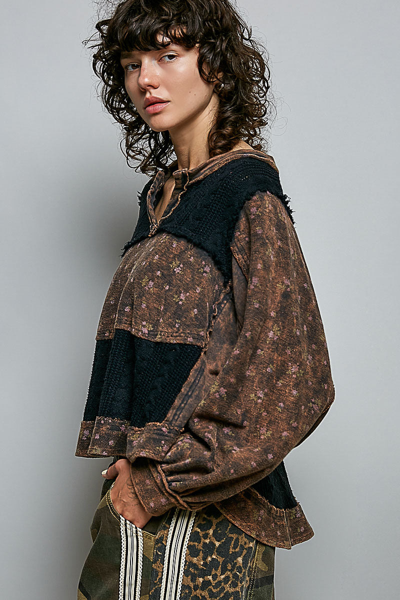 Macey Black Acid wash Terry knit top