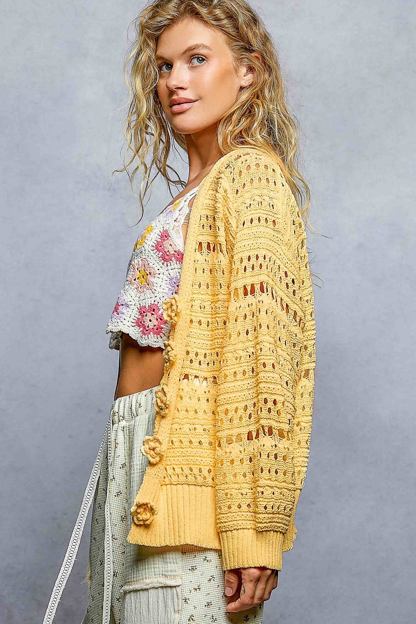 Rachel Yellow Flower Button Cardigan