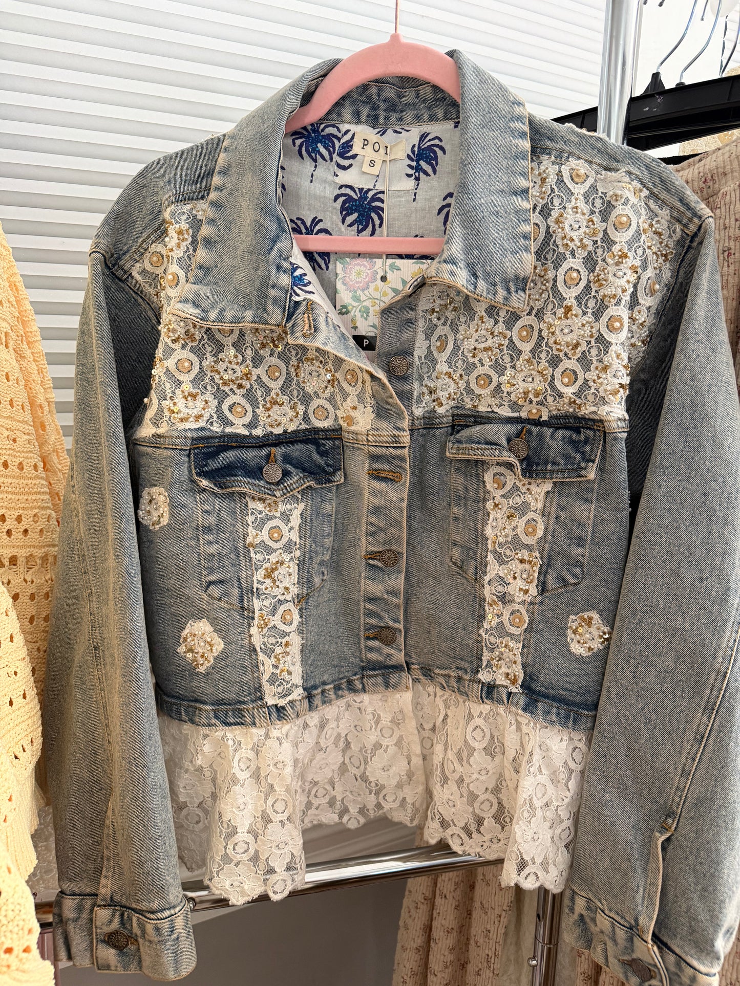 Stephanie Denim Embellished Lace Ruffle Jacket
