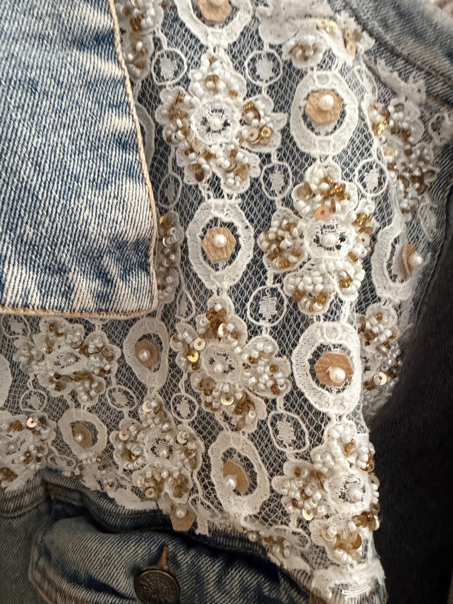 Stephanie Denim Embellished Lace Ruffle Jacket