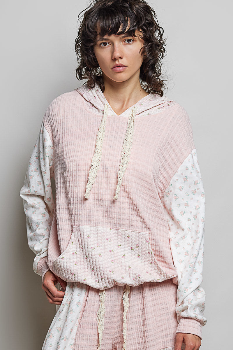 Nina waffle Knit Patchwork Floral Hoodie
