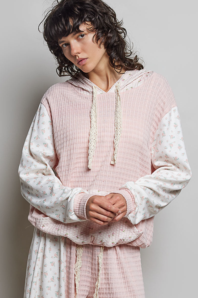 Nina waffle Knit Patchwork Floral Hoodie