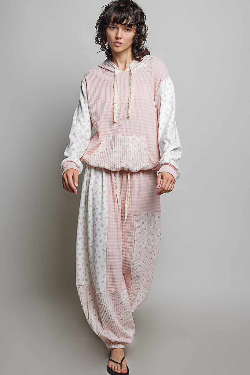 Nina waffle Knit Patchwork Floral Hoodie