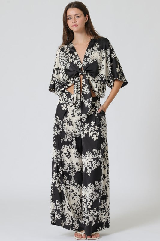 Damaris Ivory and Black satin top and pant set