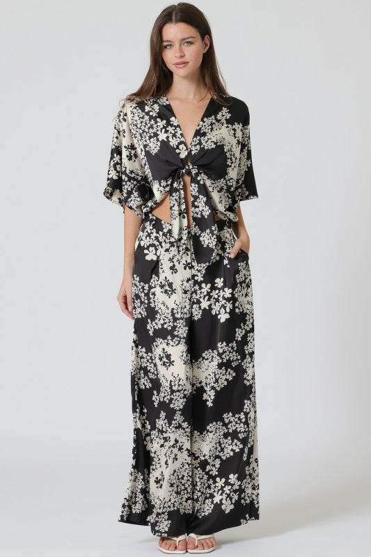 Damaris Ivory and Black satin top and pant set