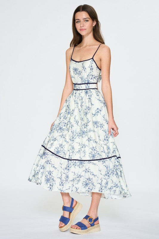 Paula Blue Floral Open Back Midi  Dress