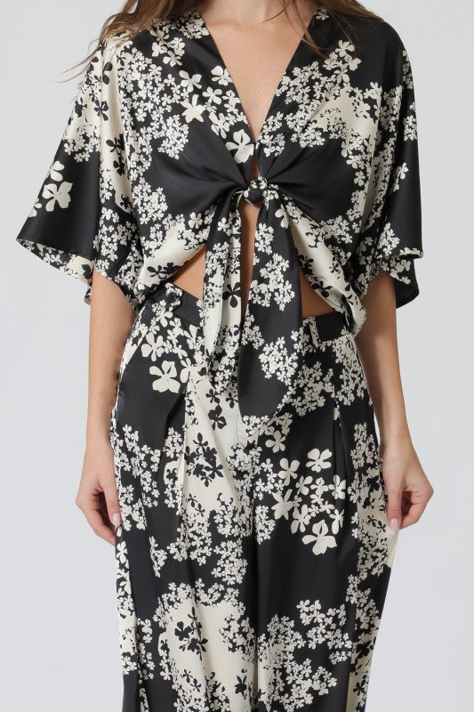 Damaris Ivory and Black satin top and pant set
