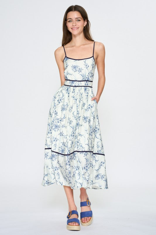 Paula Blue Floral Open Back Midi  Dress