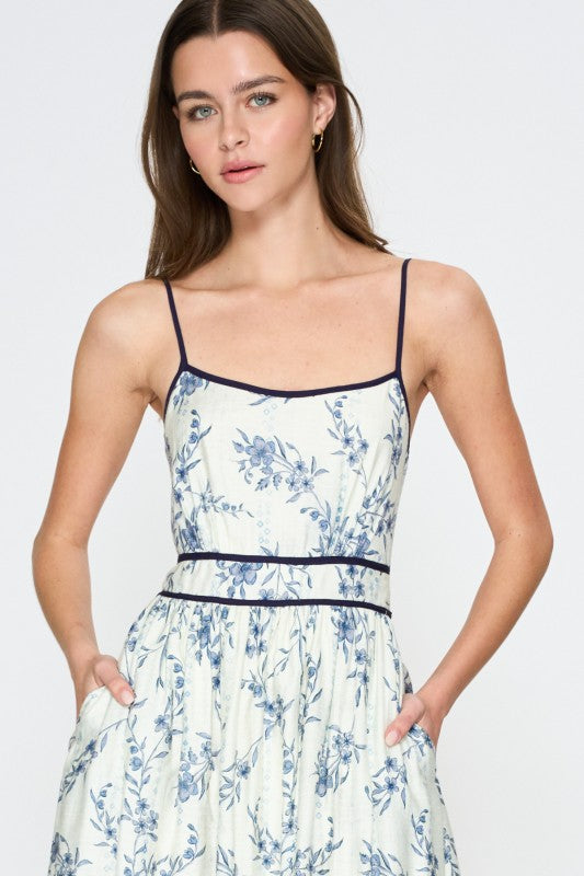 Paula Blue Floral Open Back Midi  Dress