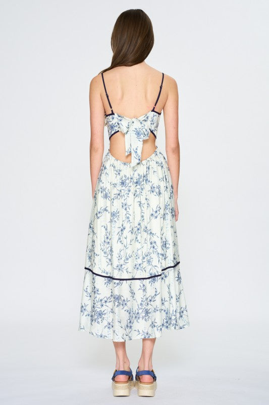 Paula Blue Floral Open Back Midi  Dress