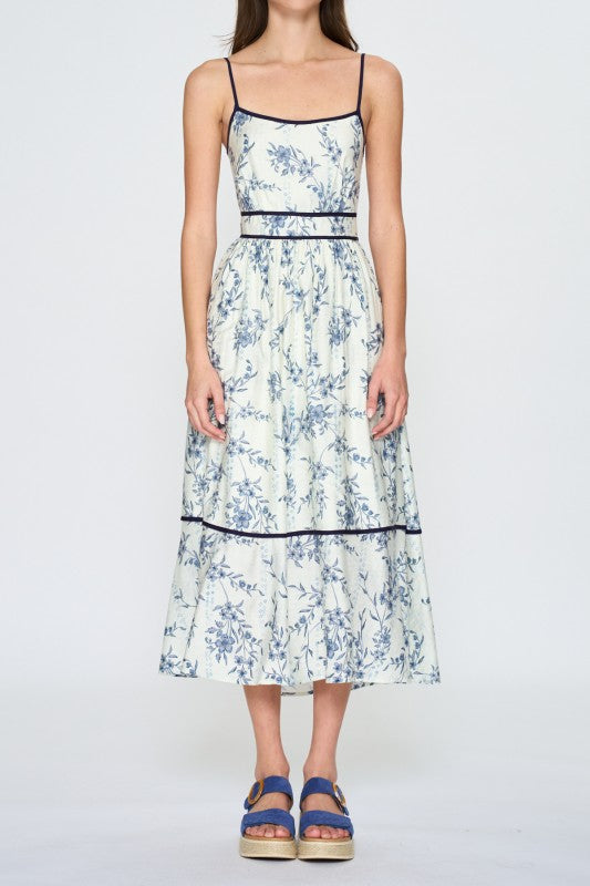 Paula Blue Floral Open Back Midi  Dress