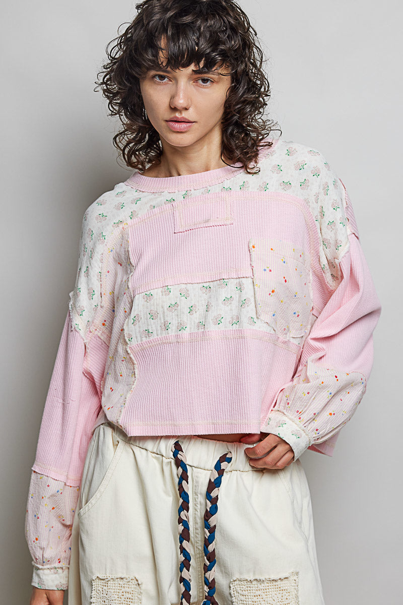 Sharon Long Sleeve Thermal and Floral Stripe Top in Light Pink