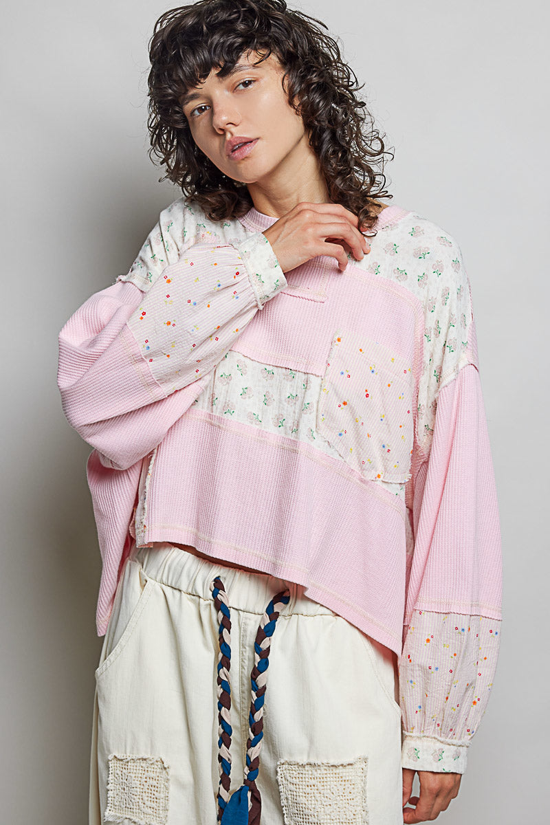 Sharon Long Sleeve Thermal and Floral Stripe Top in Light Pink