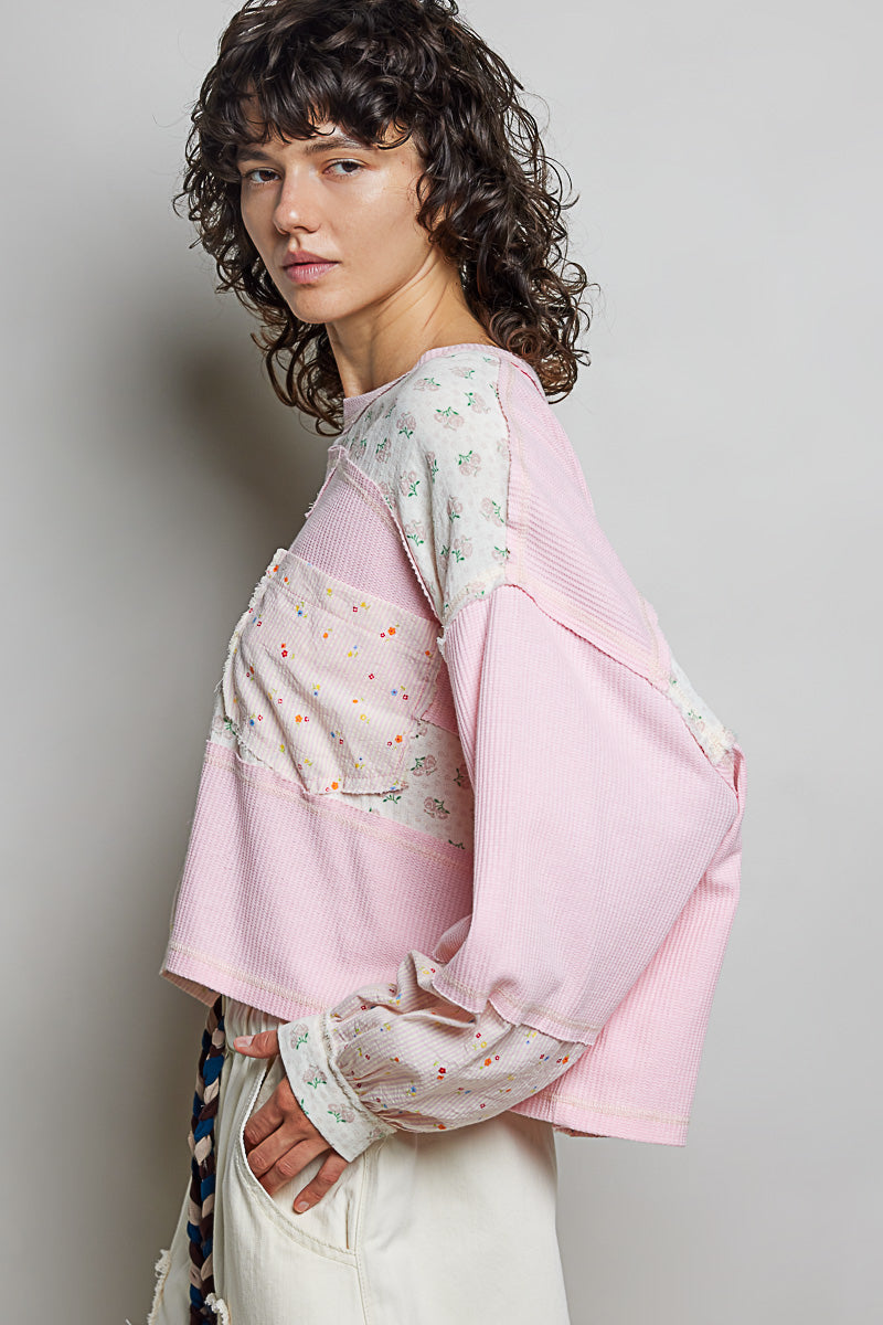 Sharon Long Sleeve Thermal and Floral Stripe Top in Light Pink