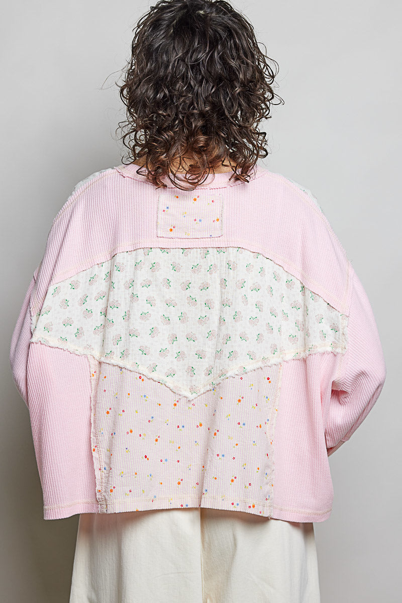 Sharon Long Sleeve Thermal and Floral Stripe Top in Light Pink