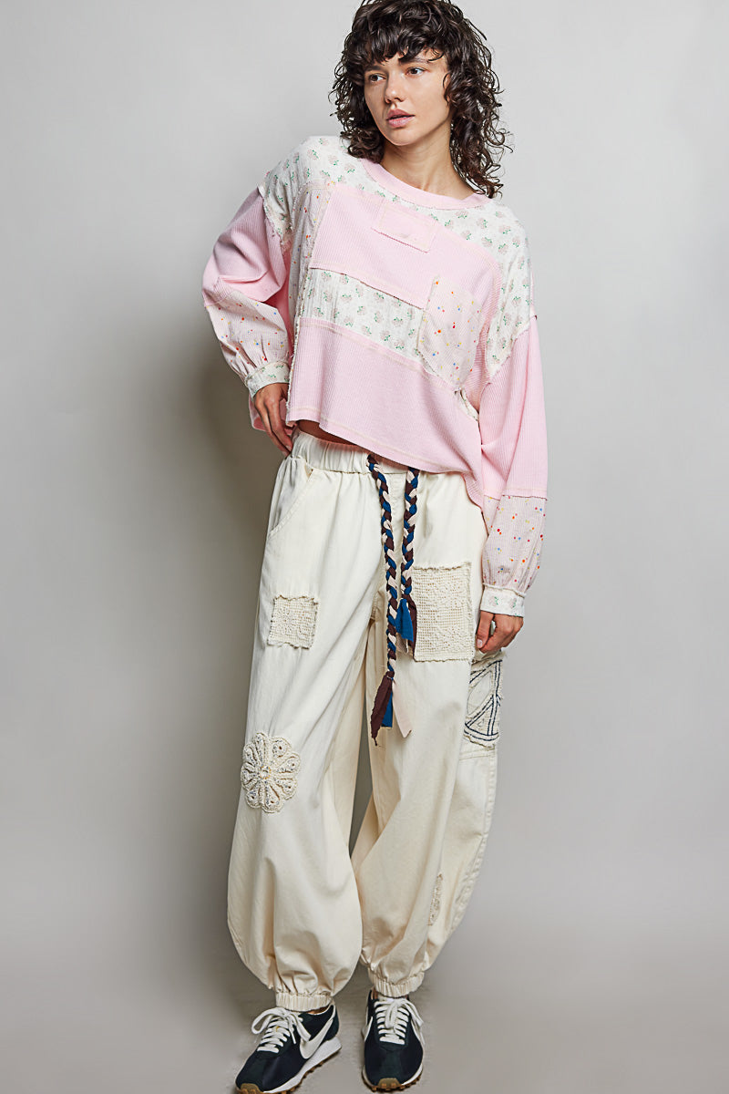 Sharon Long Sleeve Thermal and Floral Stripe Top in Light Pink
