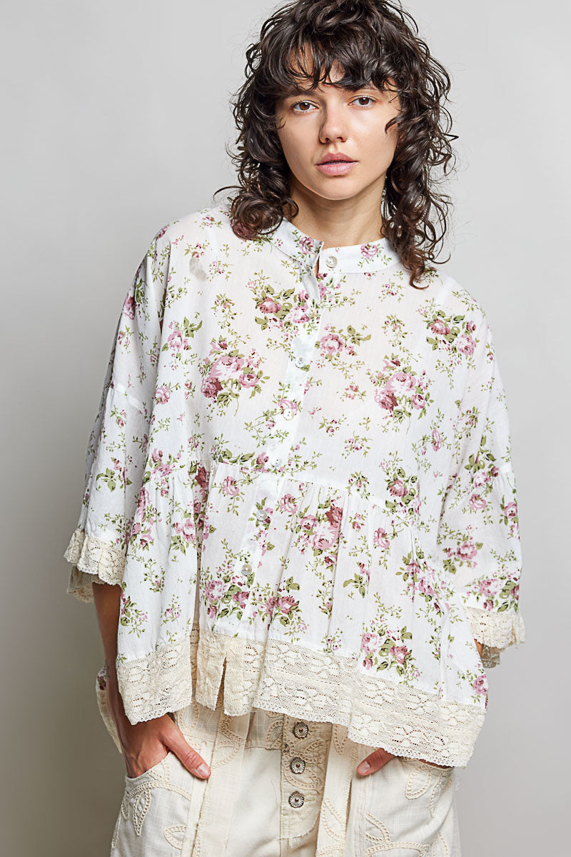 Lucy Floral Button Down Lace Trim Flowy Top