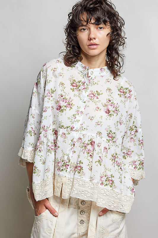 Lucy Floral Button Down Lace Trim Flowy Top