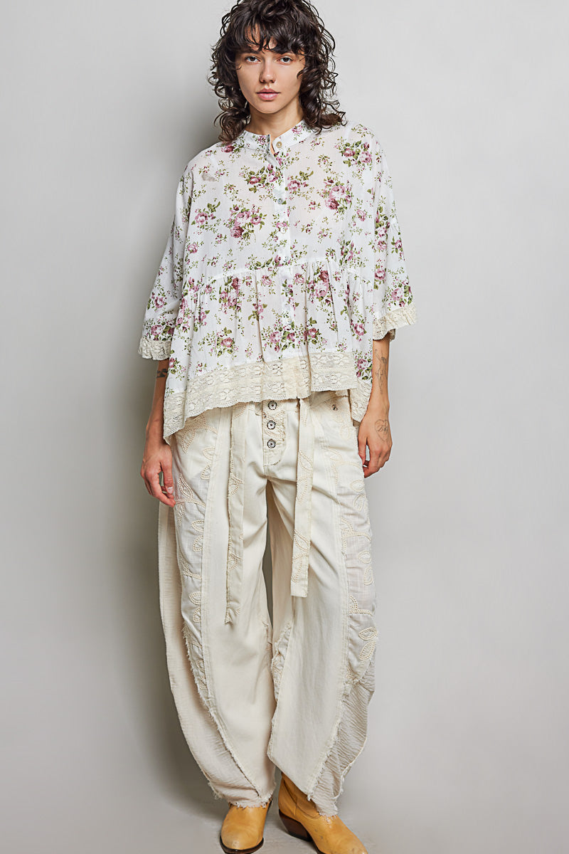 Lucy Floral Button Down Lace Trim Flowy Top