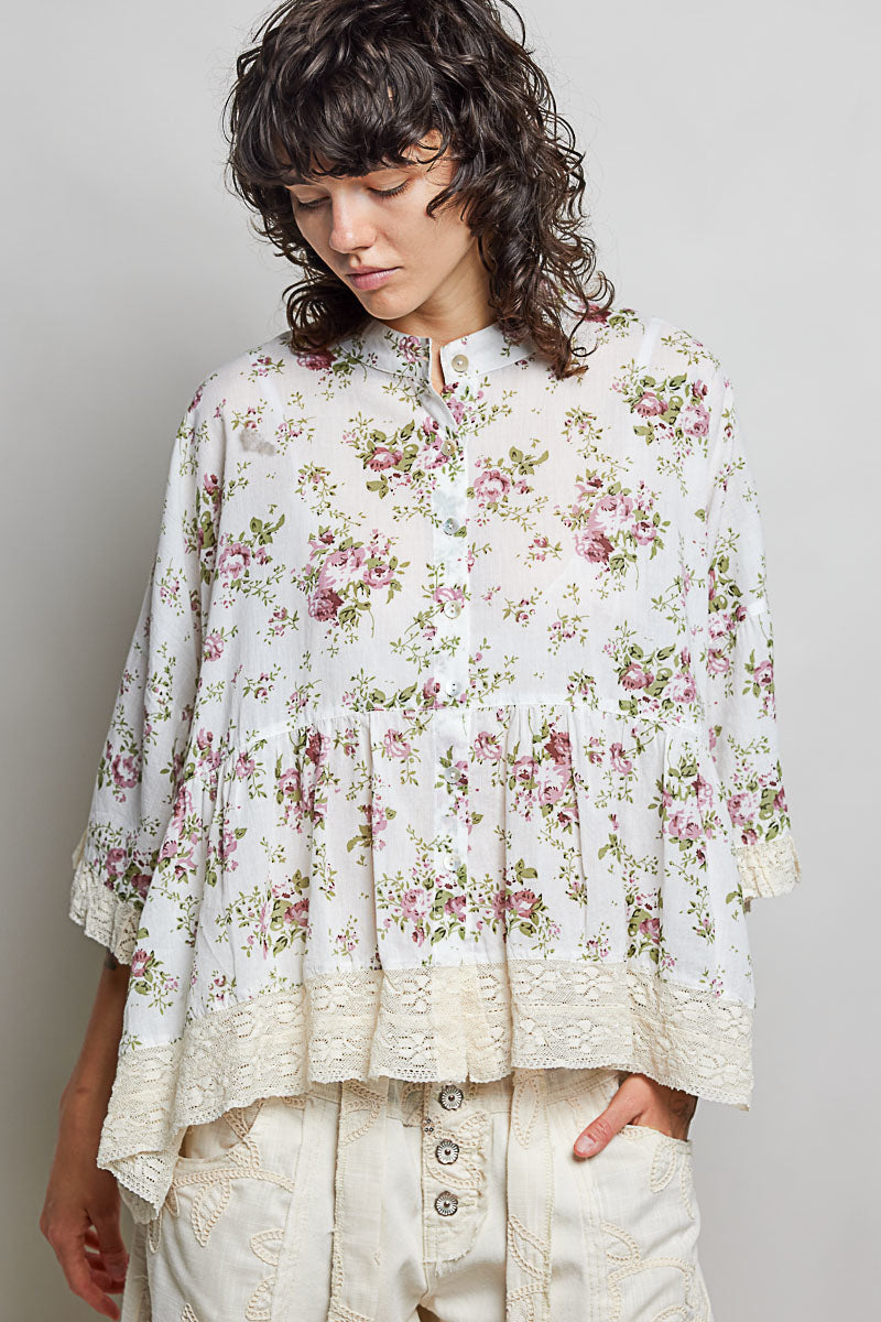 Lucy Floral Button Down Lace Trim Flowy Top