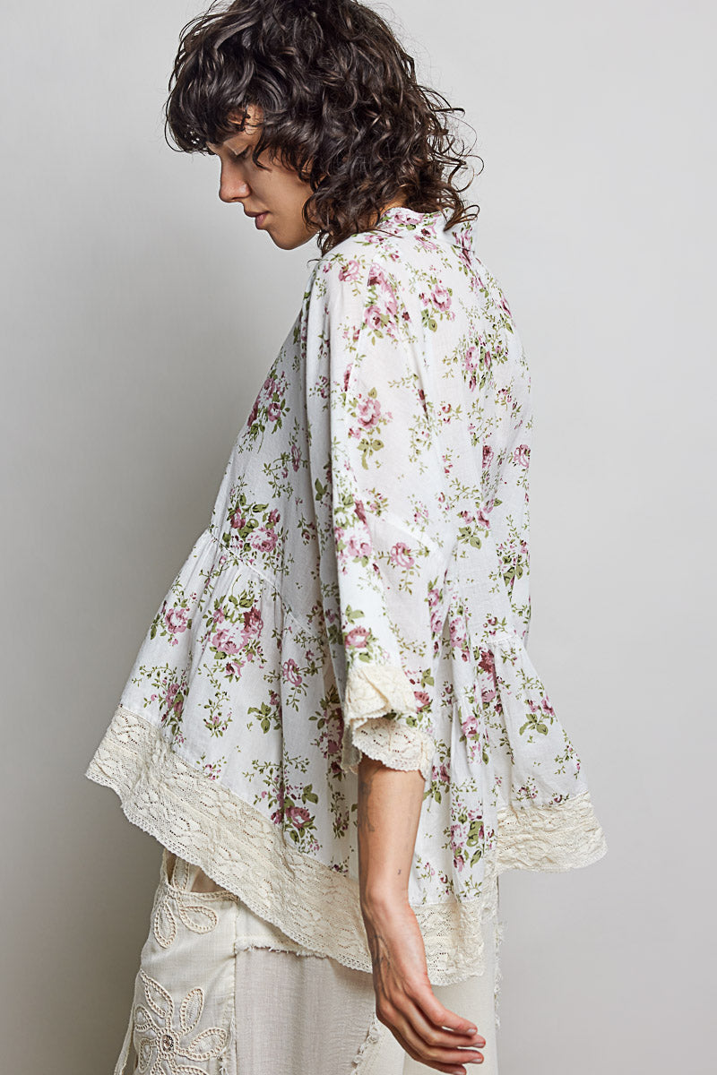 Lucy Floral Button Down Lace Trim Flowy Top