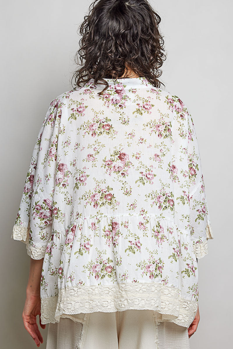 Lucy Floral Button Down Lace Trim Flowy Top