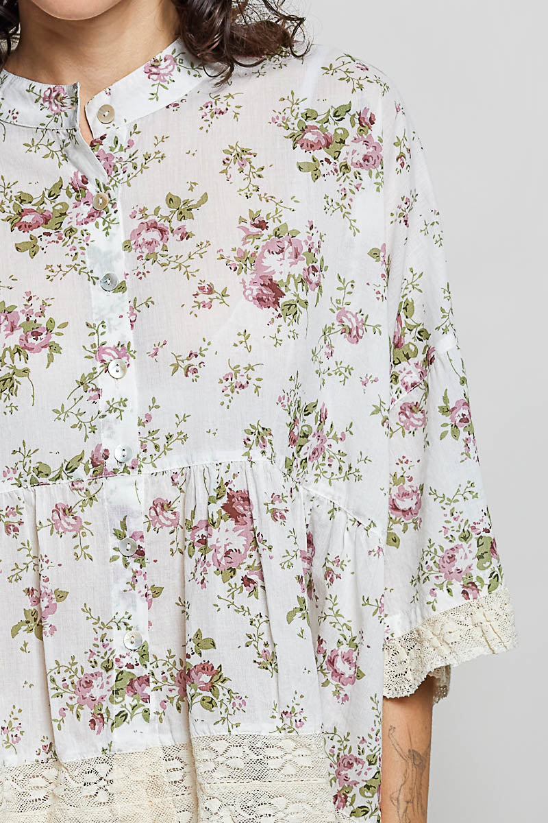 Lucy Floral Button Down Lace Trim Flowy Top