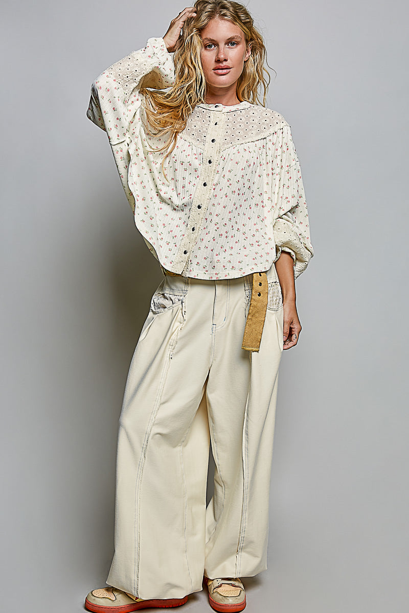 Robyn Eyelet Patch Button Down Top in Natural