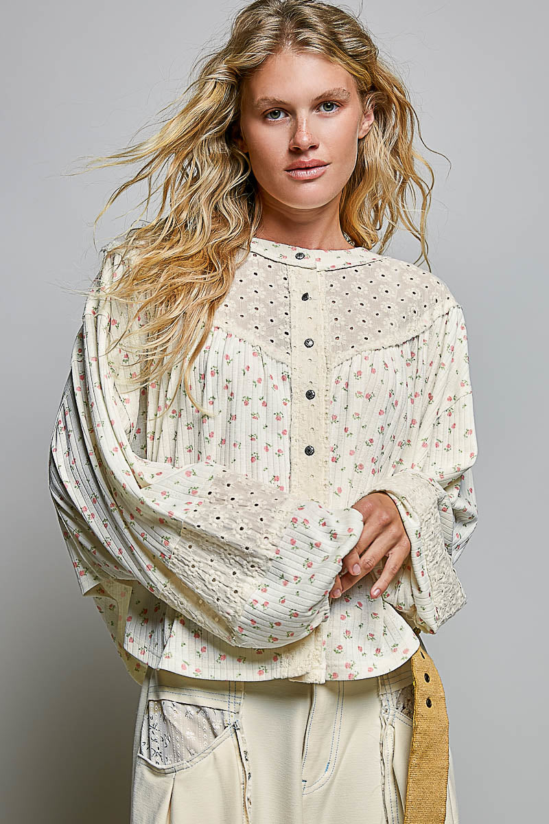 Robyn Eyelet Patch Button Down Top in Natural