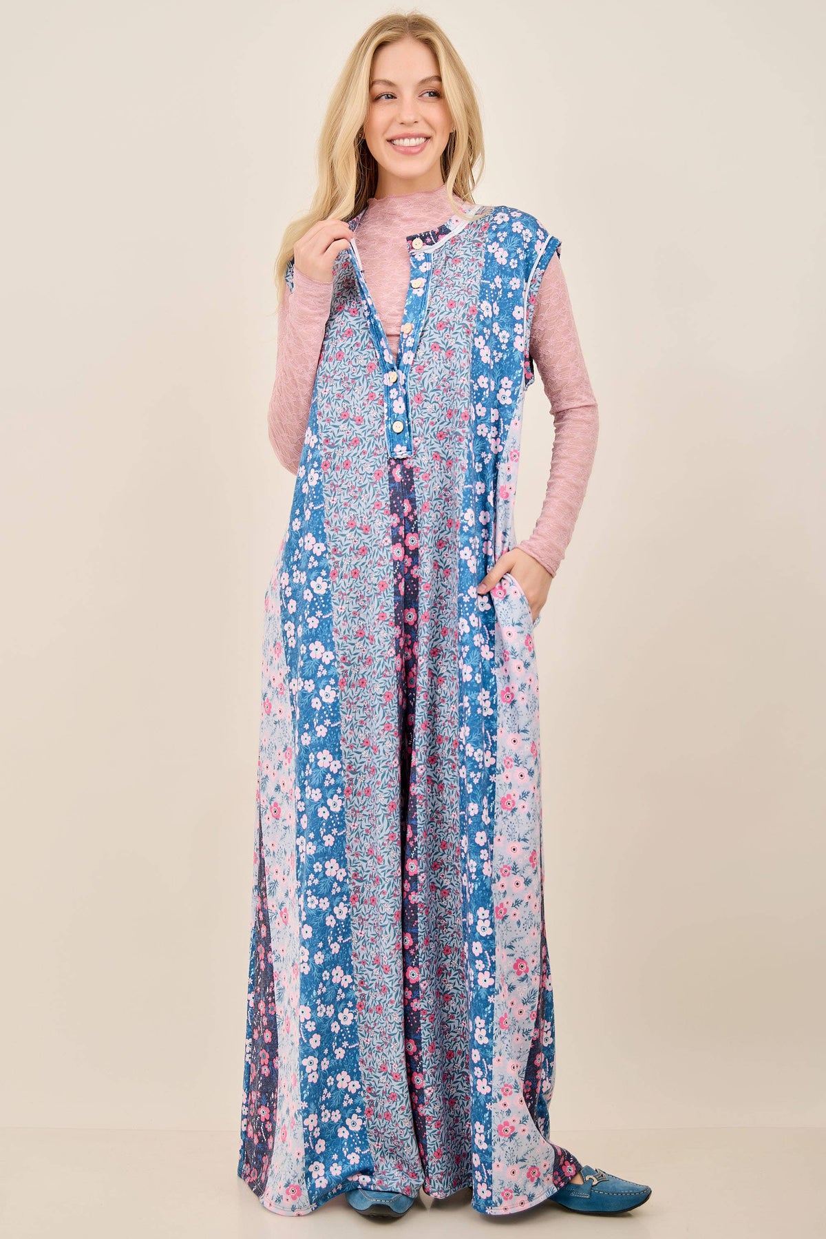 Pamela Petal Diary Terry Button Henley Jumpsuits HJ7416