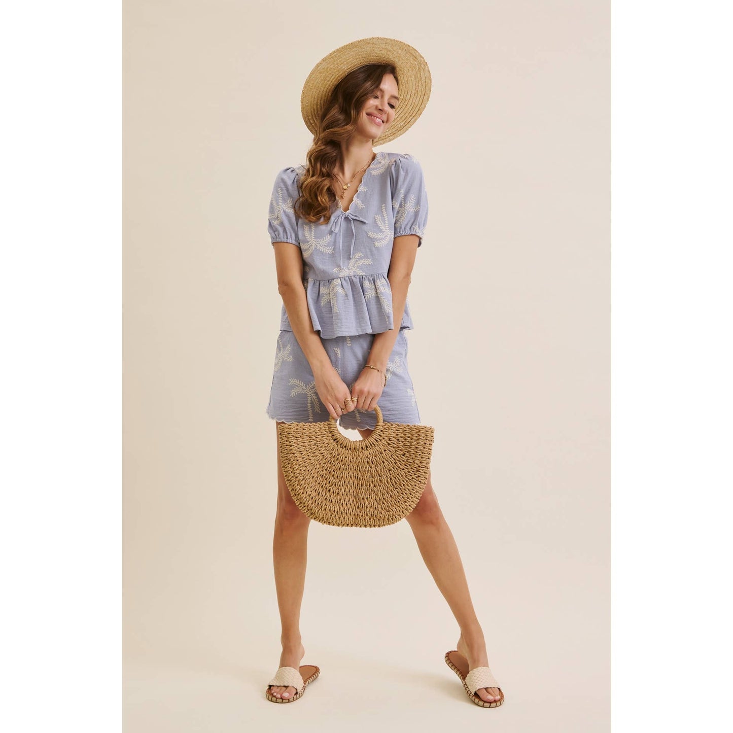 CABO SUN-KISSED BREEZY EMBROIDERED GAUZE BLOUSE WITH SHORTS WITH SCALLOP HEM SET