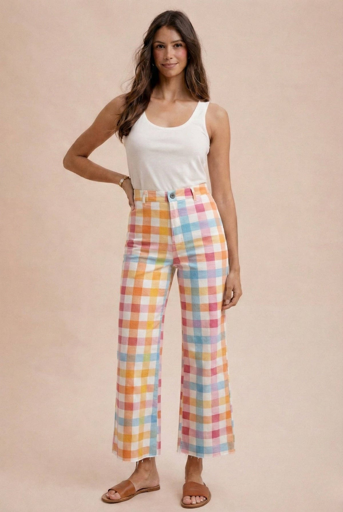 Melissa Stretch Pastel Gingham Wide Leg Jean