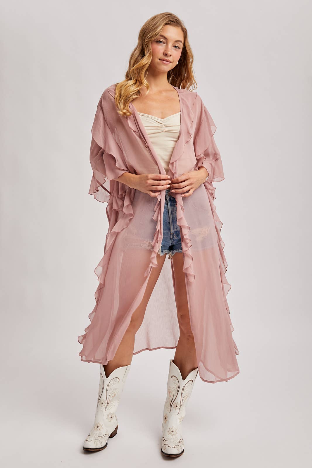 JESSICA SHEER RUFFLED OPEN FRONT KIMONO COVER-UP DRESS