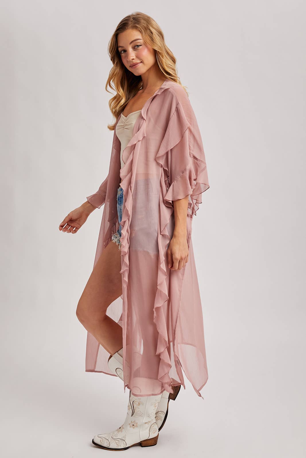 JESSICA SHEER RUFFLED OPEN FRONT KIMONO COVER-UP DRESS