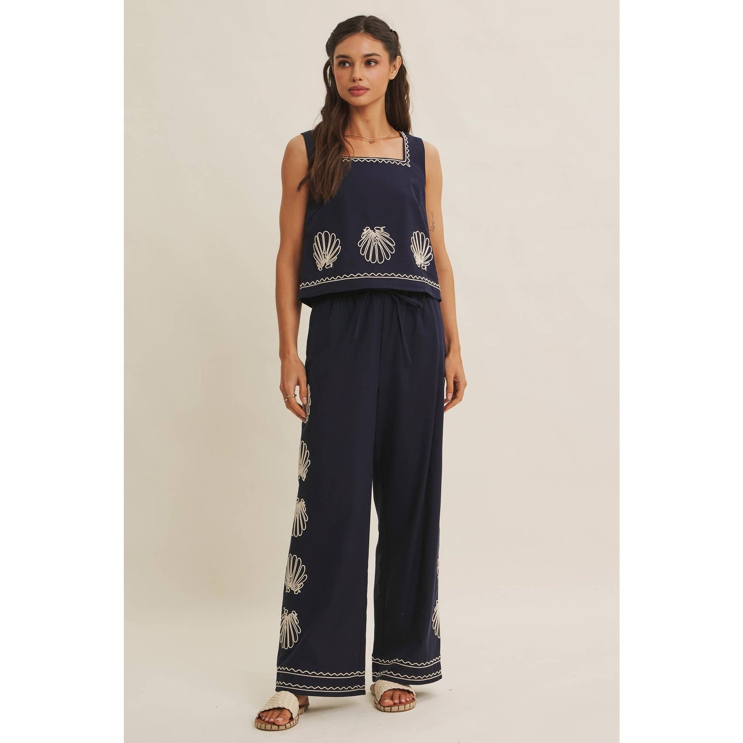 FIJI QUIET LUXURY COASTAL SEASHELL EMBROIDERED WIDE-LEG PANTS AND TOP SET