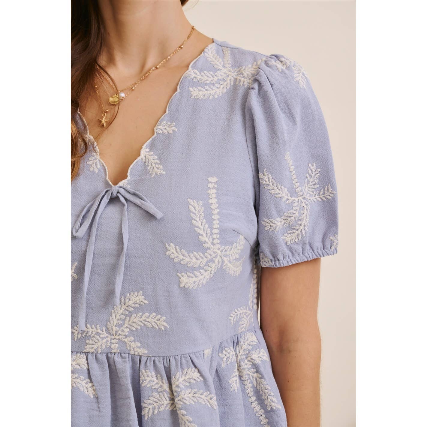 CABO SUN-KISSED BREEZY EMBROIDERED GAUZE BLOUSE WITH SHORTS WITH SCALLOP HEM SET