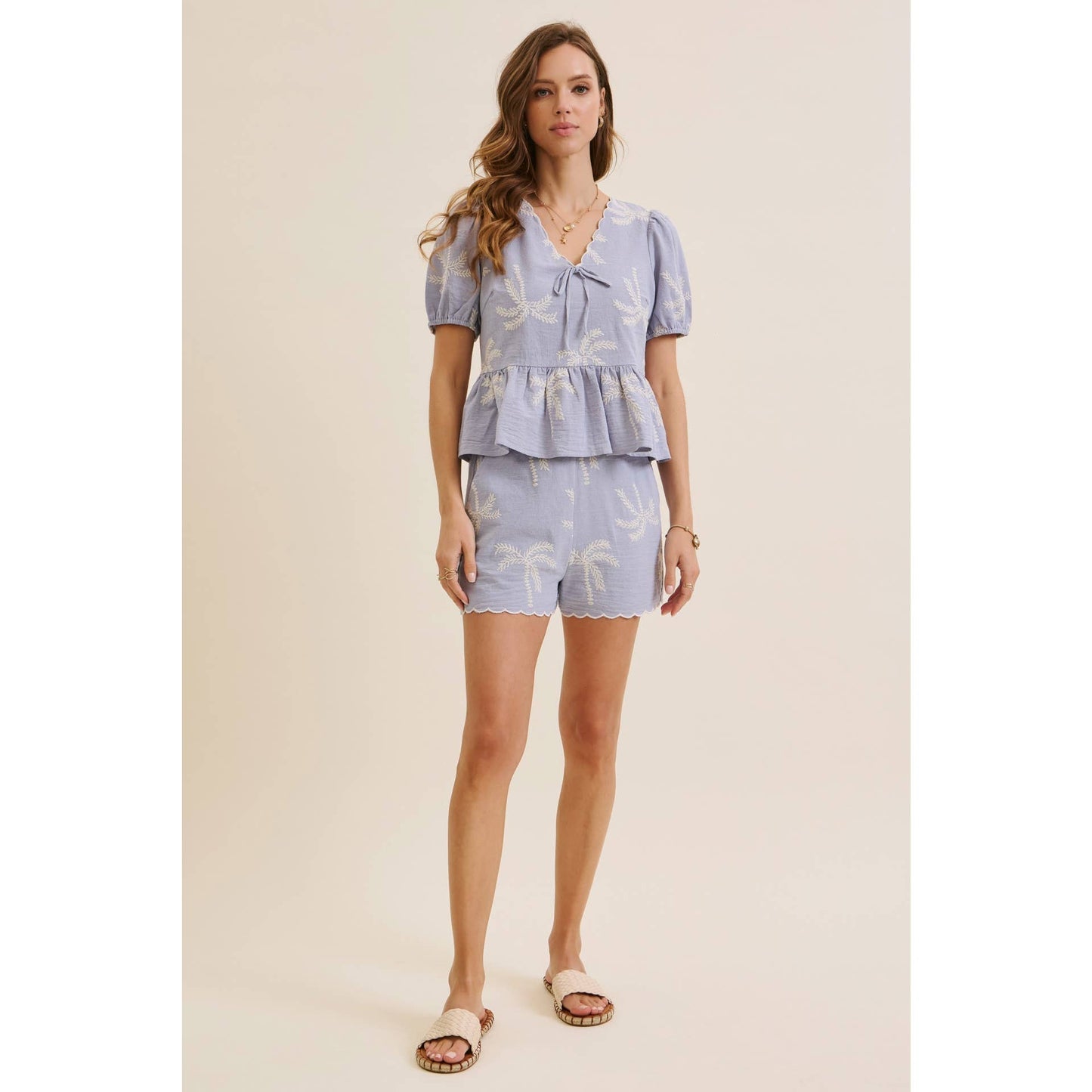 CABO SUN-KISSED BREEZY EMBROIDERED GAUZE BLOUSE WITH SHORTS WITH SCALLOP HEM SET