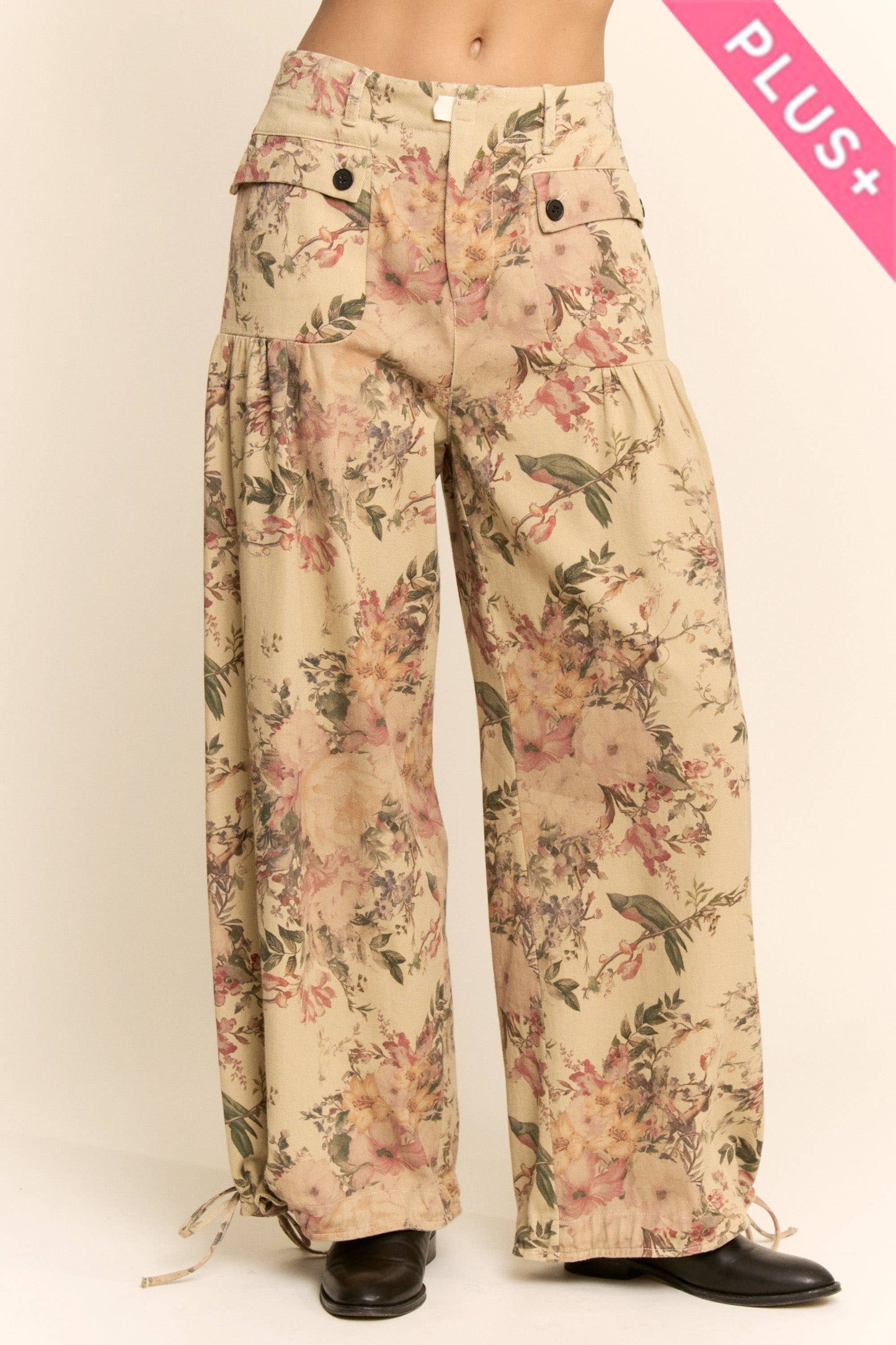 LIBBY PLUS FLORAL PRINT DENIM WIDE MID HIGH WAIST PANT