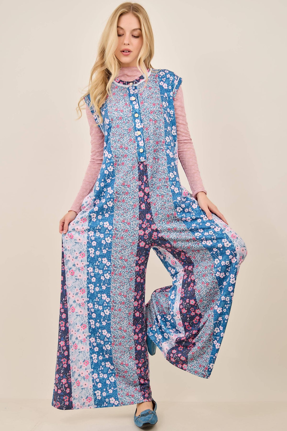 Pamela Petal Diary Terry Button Henley Jumpsuits HJ7416