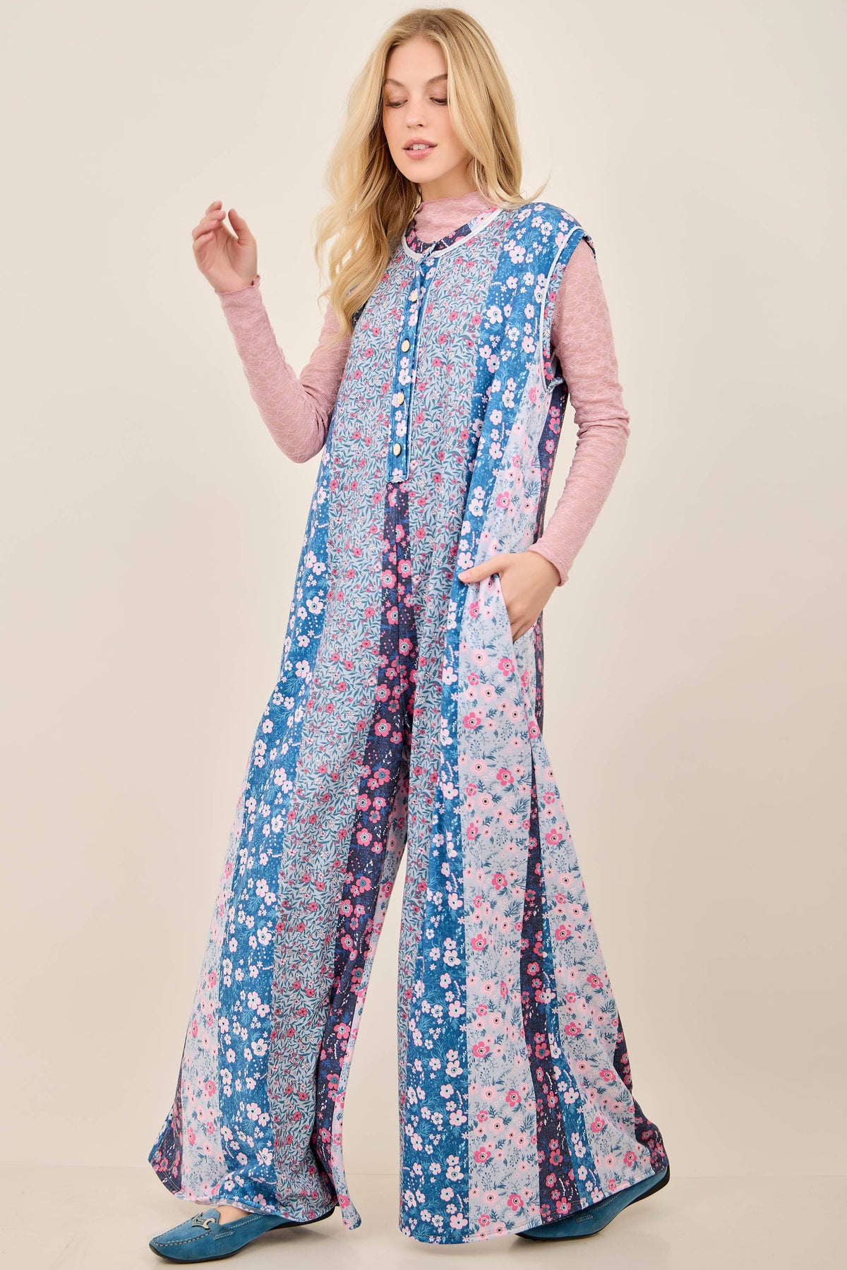 Pamela Petal Diary Terry Button Henley Jumpsuits HJ7416
