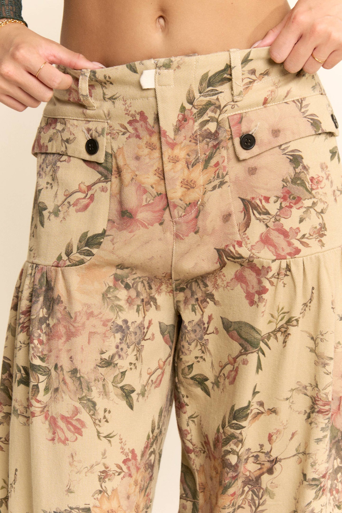 LIBBY PLUS FLORAL PRINT DENIM WIDE MID HIGH WAIST PANT