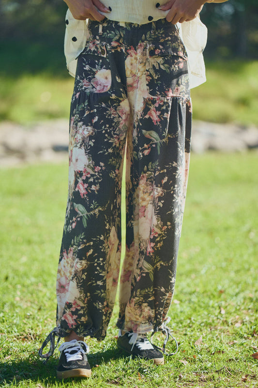 LIBBY FLORAL PRINTED DENIM WIDE MID HIGH WAIST PANT